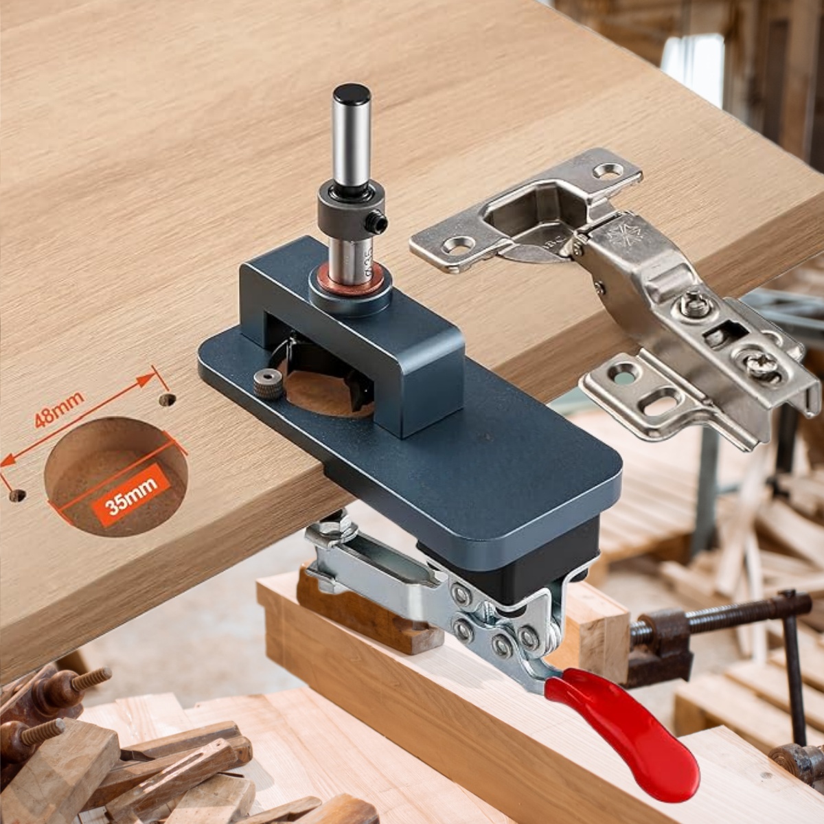 Furniture Hardware Fitting - 35mm ヒンジジグ - 調整可能なエッジとクイッククランプ付きの精密穴あけガイド - キャビネット、家具DIY用の硬化ドリルビット